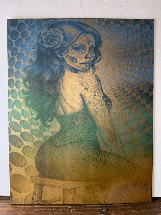 La Dama de Hueso – 11x14” Laser-Engraved Painted Canvas